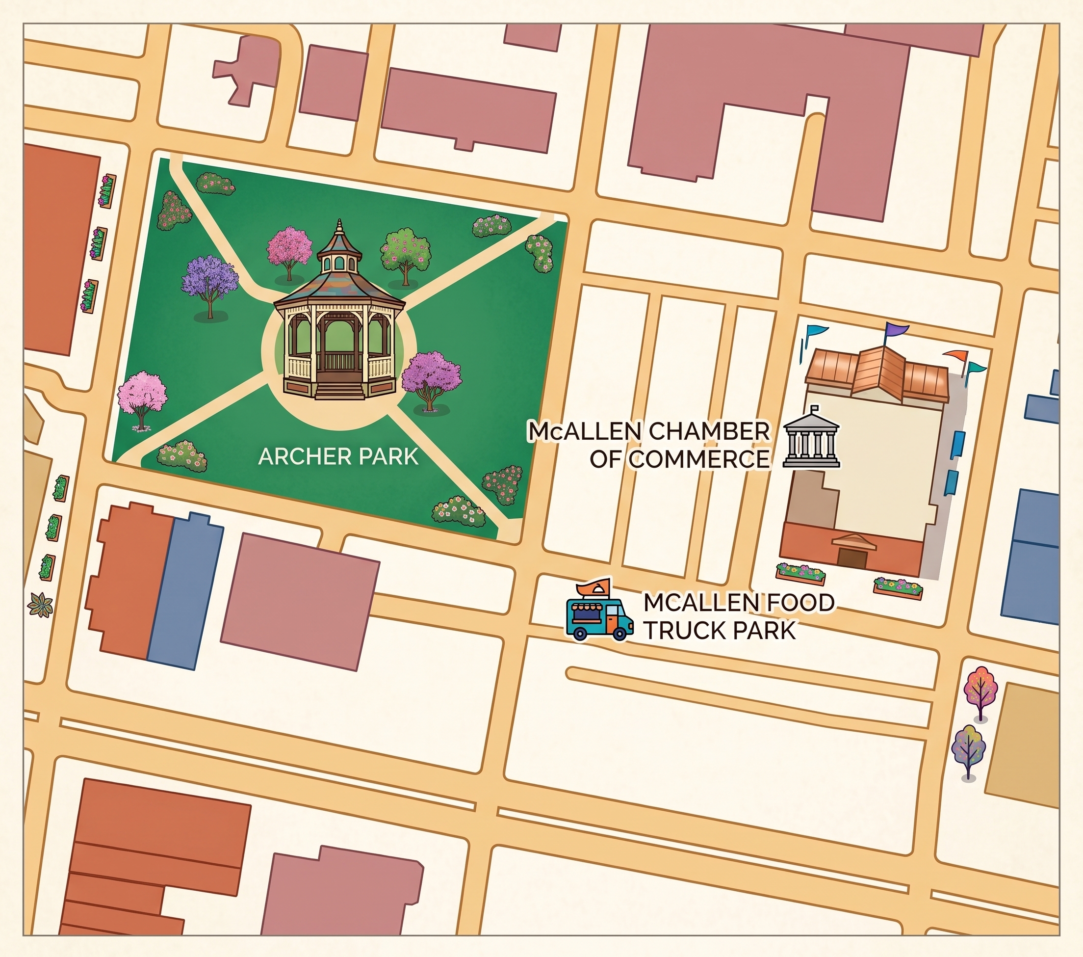 Illustrated map to McAllen Food Park at 1200 Ash Avenue, 